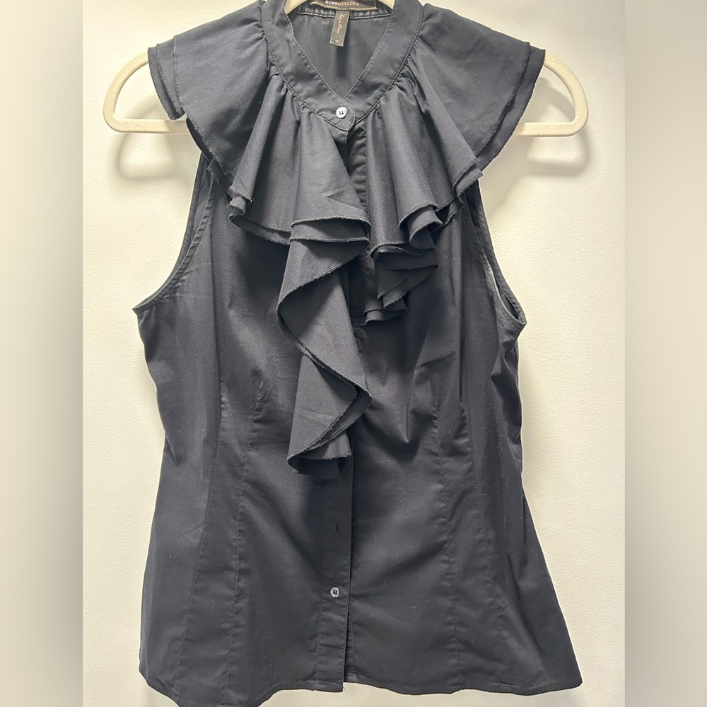 BCBG Max Azria ruffle neck sleeveless blouse